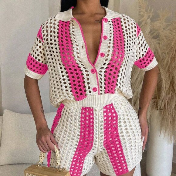 Hot Pink Casual Women's Short Sleeve Knitted Cardigan With Woolen Shorts - Picture 2 of 7